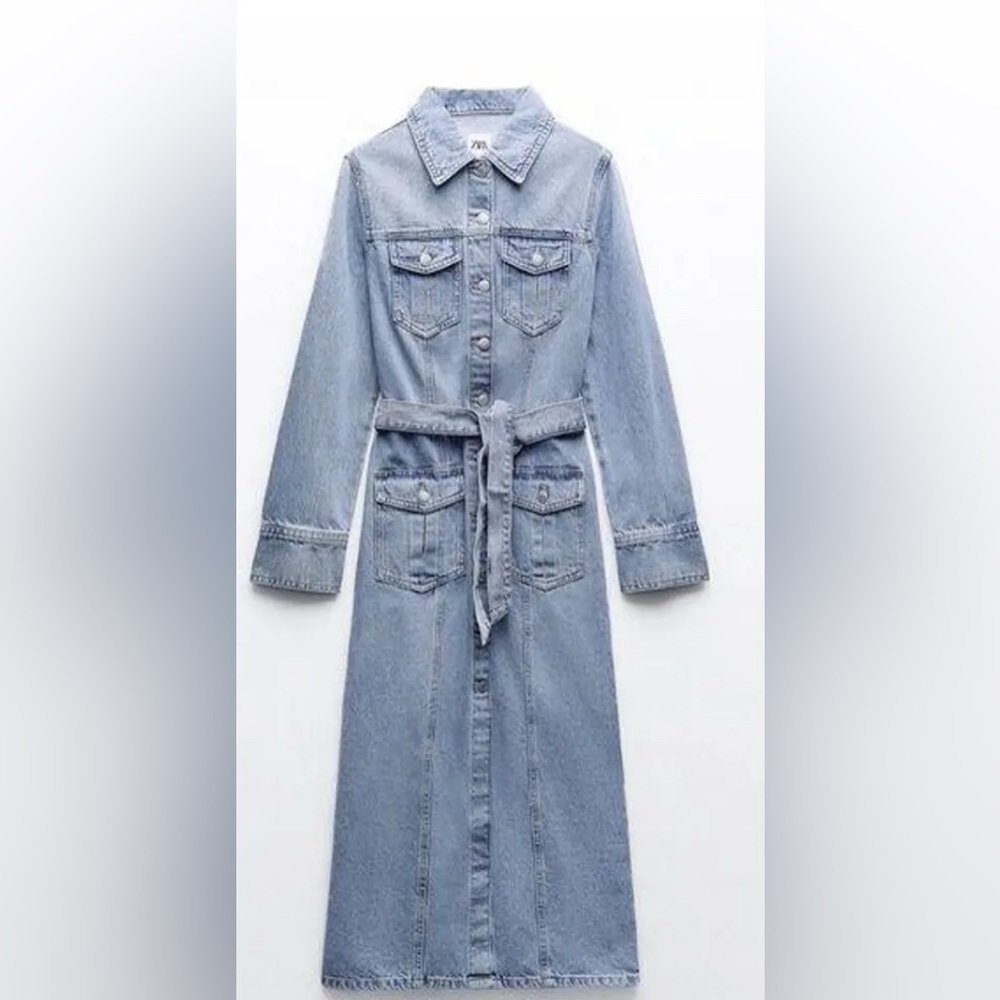 Zara Light Blue Belted Denim Midi Dress Size M brand new